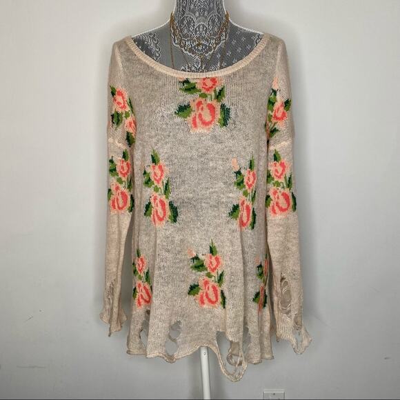 WILDFOX Womens Pink Knit Prairie Rose Distressed Lennon Tunic Sweater Size XS - Picture 3 of 7